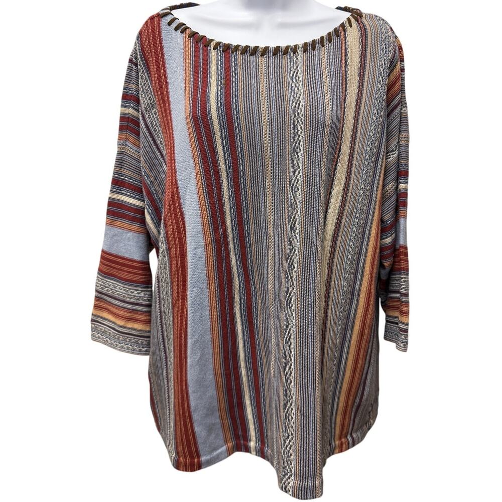Ralph Lauren Chaps Womens 3X Navaho Green Stripe 3/4 Sleeve Cotton Oversized Top